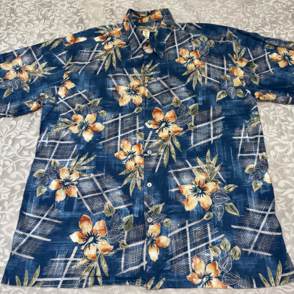 Tori Richard Mens Blue Floral 100% Cotton Hawaiian Shirt Large Made USA F43